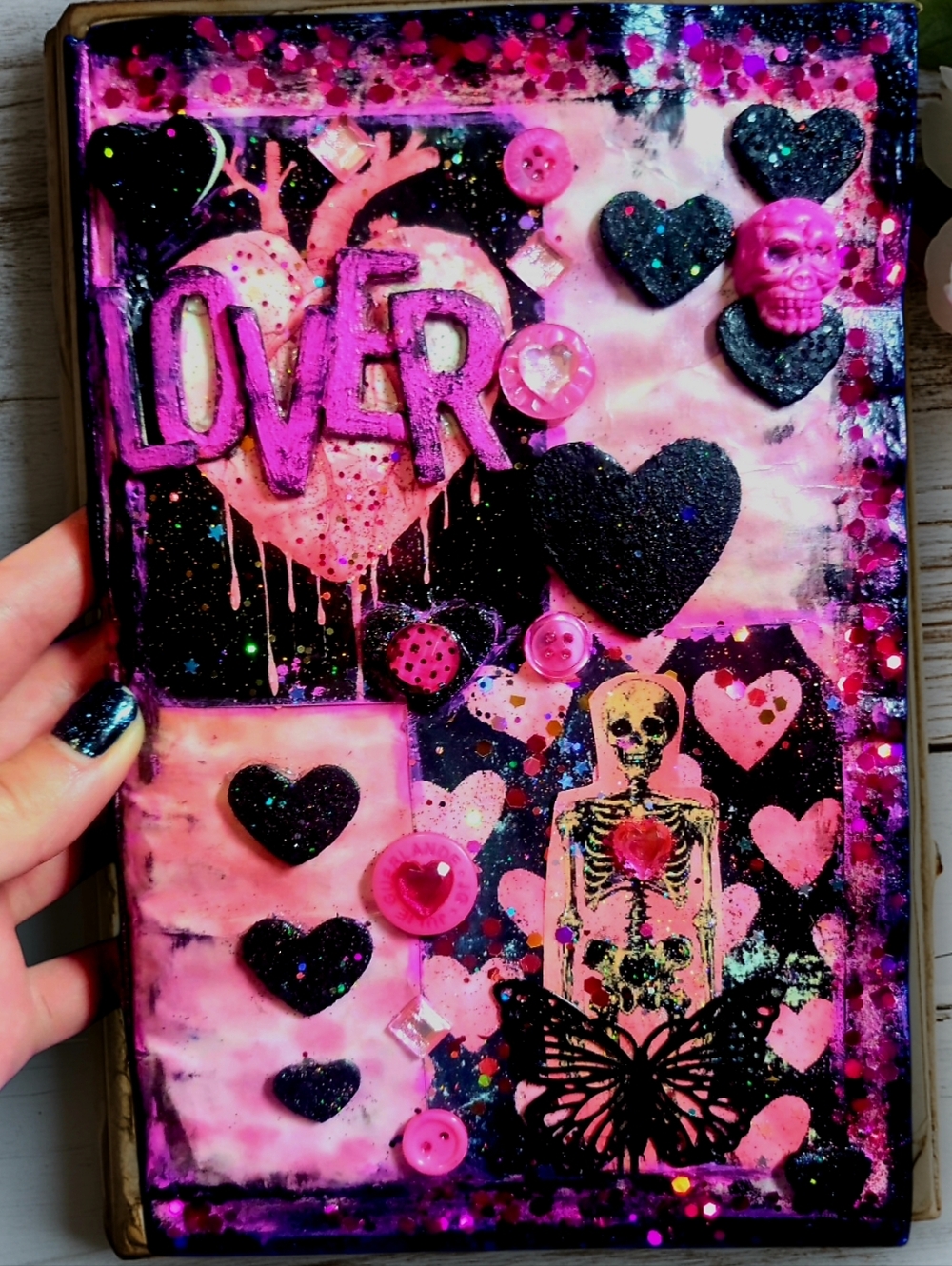 Lover Gothic Noir Handmade Junk/Creative Journal Fluffy Pink Black Textured Book